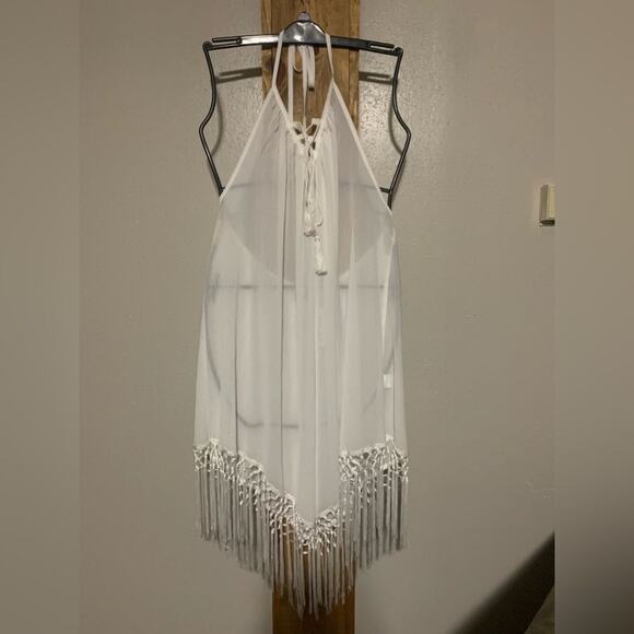 AOLRO Swimsuit Cover Up Coverup White Fringe Halter Top Fringe Semi Sheer XL - Picture 1 of 5